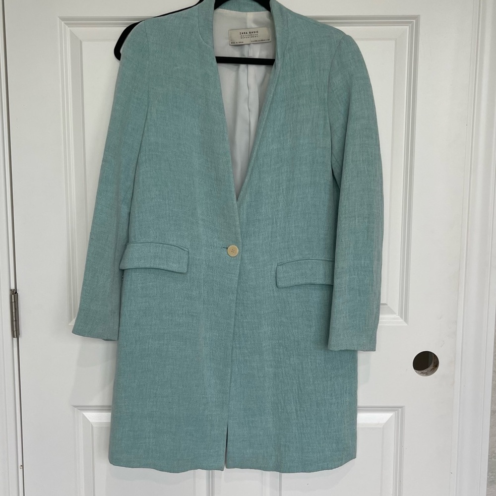 Zara Light Blue Linen Pea Coat, Size XS
